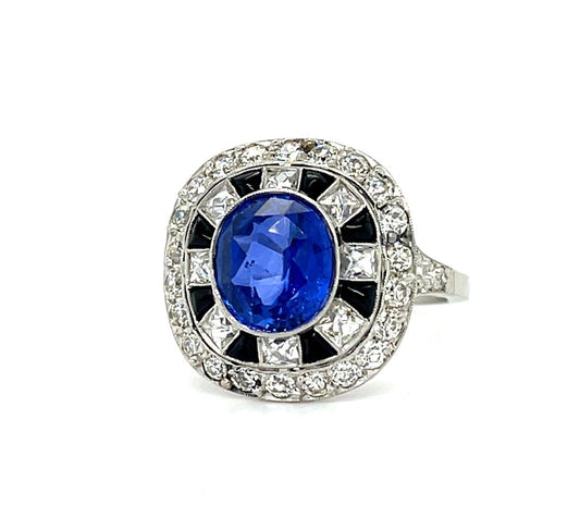 2.77ct Sapphire Handmade Platinum Ring .62ct French Cut (8 Diamonds), Onyx .85ct