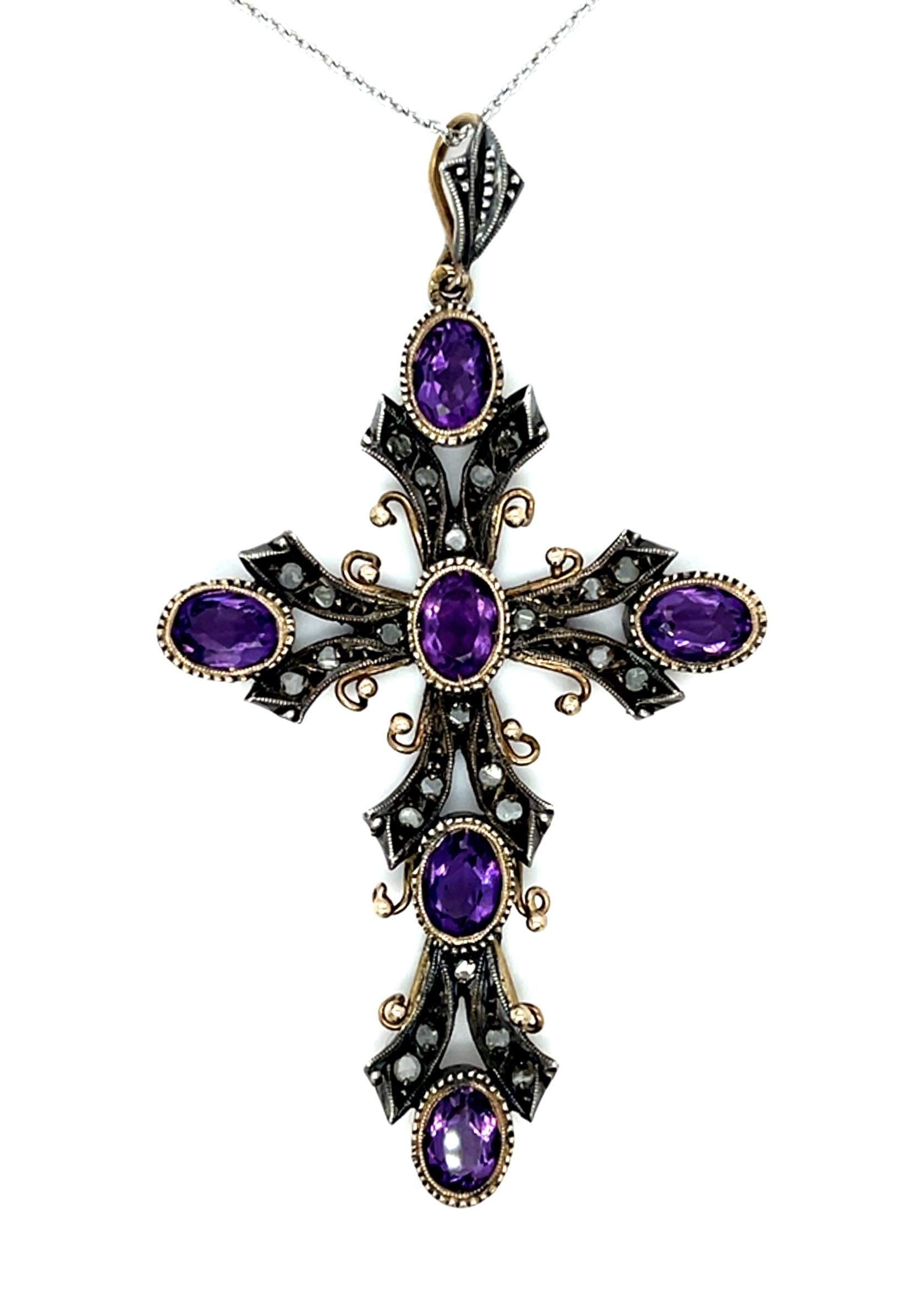 9ct Amethyst .50ct Diamond S+14KY Cross/Pendant 14.37g 2.75" Length 18" Chain