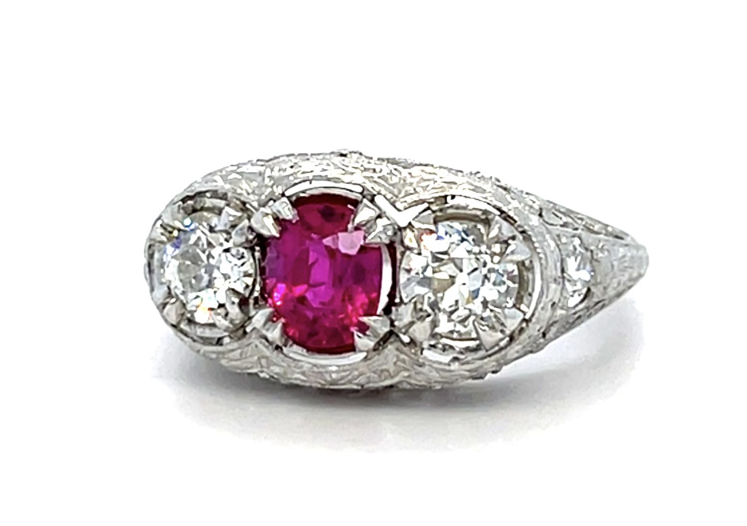 Art Deco .90ct Ruby .80ct Diamond Hand Engraved Platinum Ring (Vintage 1930s)