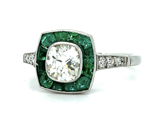 .81ct Old Mine Diamond .78ct Emerald Platinum Handmade Ring .16ct SD 4.40g 6.50