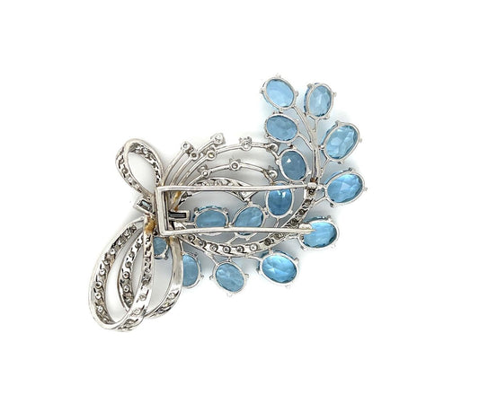 25ct Aquamarine 18KW Vintage Brooch (c 1960s) 3ct Diamonds 17.62g 2.75" Length 2