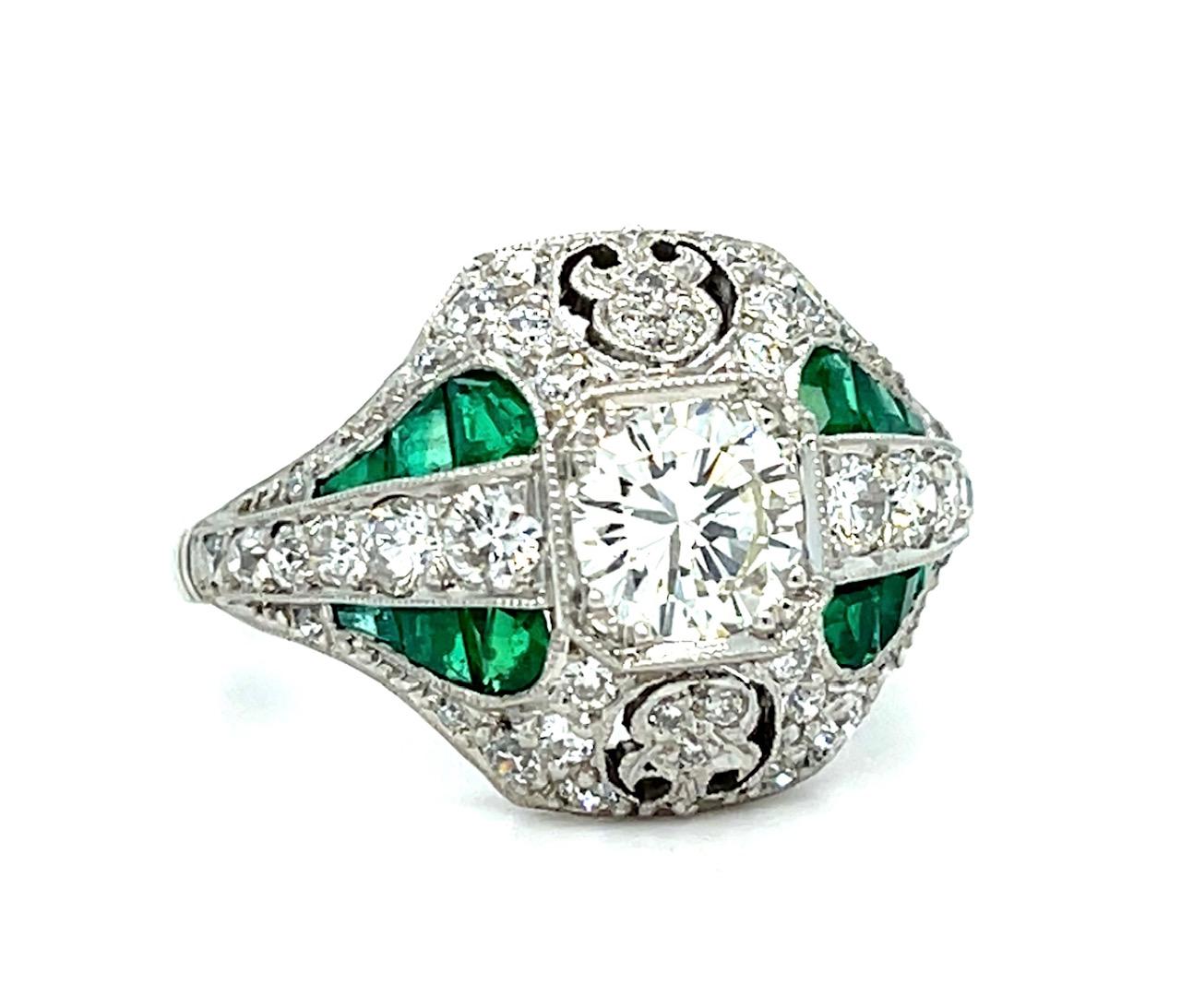 .79ct Round Brilliant Diamond 1.20ct Emerald Platinum Handmade Ring 1.60ct SD