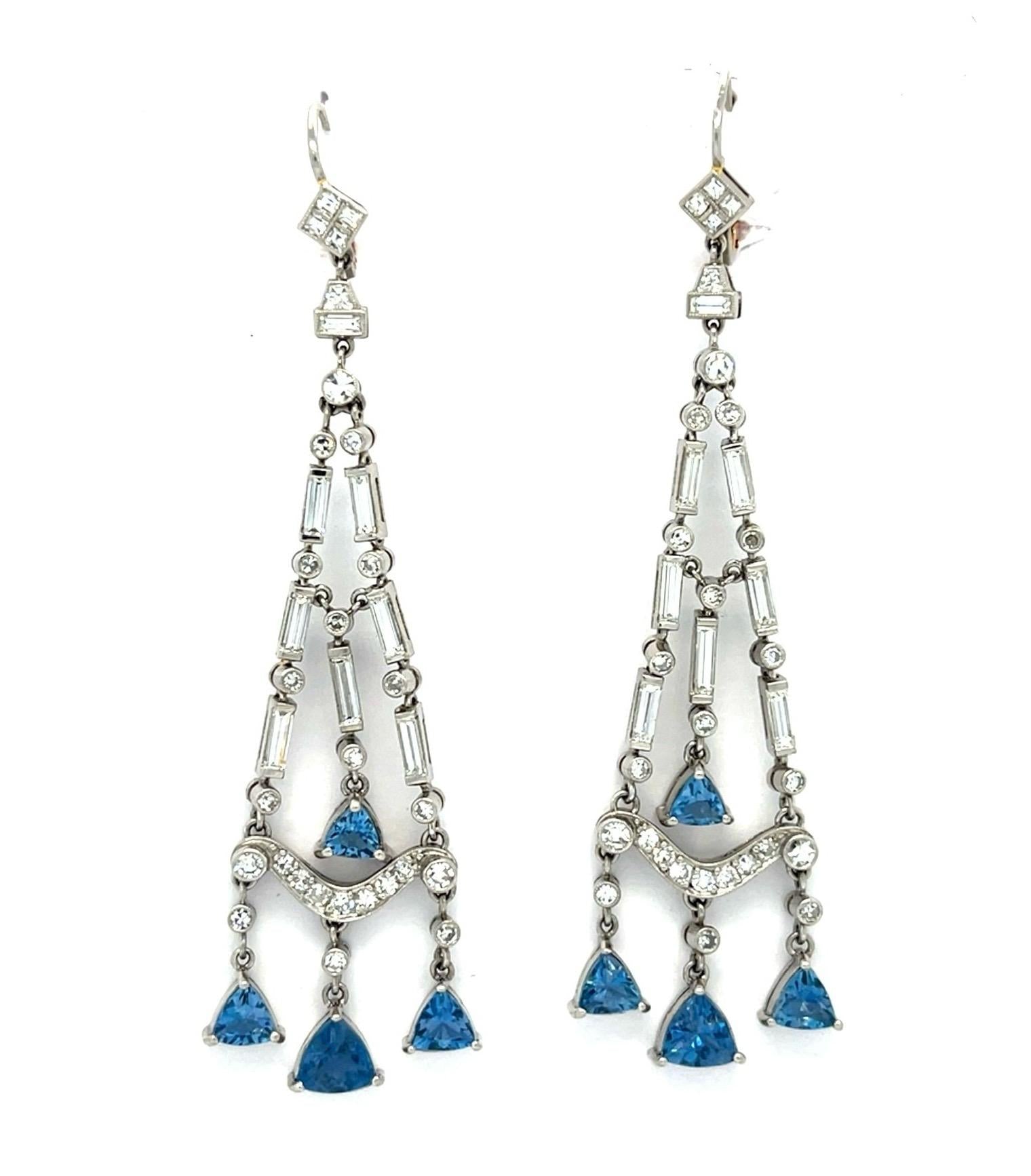 3ct Aquamarine 3ct Diamond Platinum+18KY Chandelier Earrings 19.30g 3"