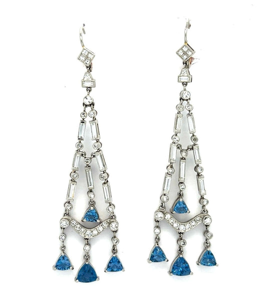 3ct Aquamarine 3ct Diamond Platinum+18KY Chandelier Earrings 19.30g 3"