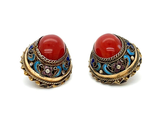 Red Coral & Enamel 14KY Vintage Earrings (Vintage 1940s) (14x10)