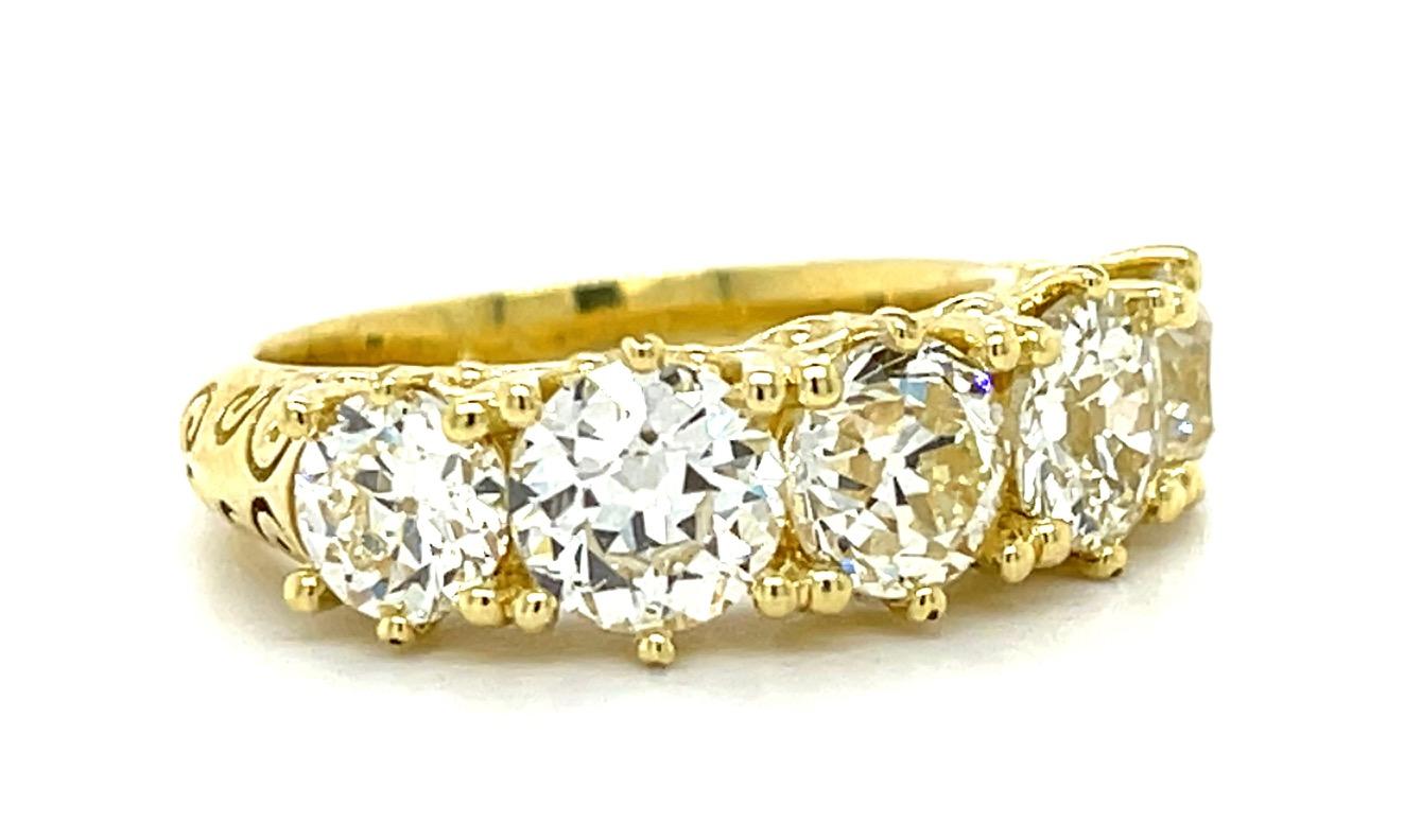 3.62ct Old European Diamond 18KY Five Stone Ring 8g 6.75 Size