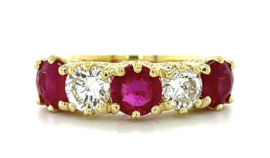 2.46ct Ruby .63ct SI1 G Dia .61ct H-I Dia 18KY Five Stone Ring 7.25g 6.75 Size