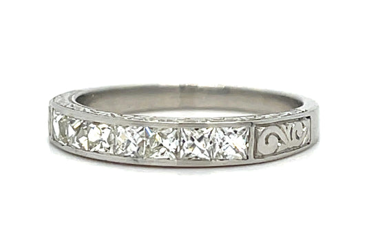 .75ct (7 French Cut Diamonds) Platinum Hand Made & Hand Engraved Ring 4.60g 7.25