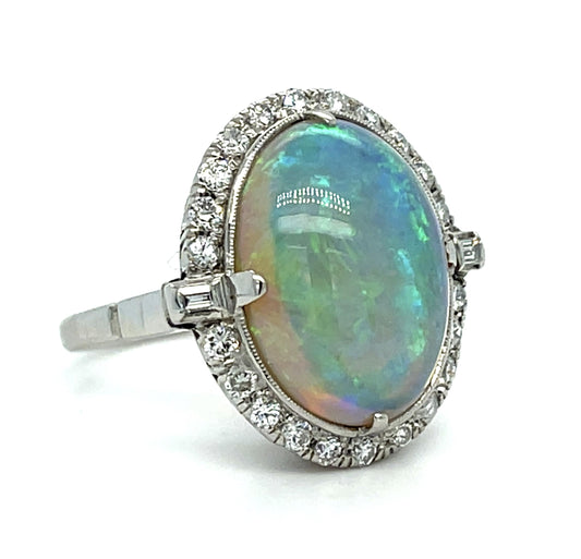 Original 5.50ct Australian Crystal Opal .80ct Diamond Platinum Ring (1950s)
