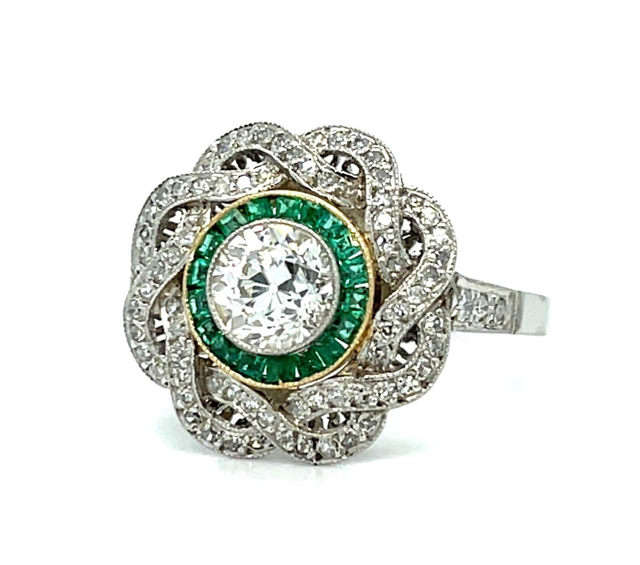 .75ct Old European Diamond .50ct Emerald Platinum Handmade Ring .72ct SD 4.80g 7