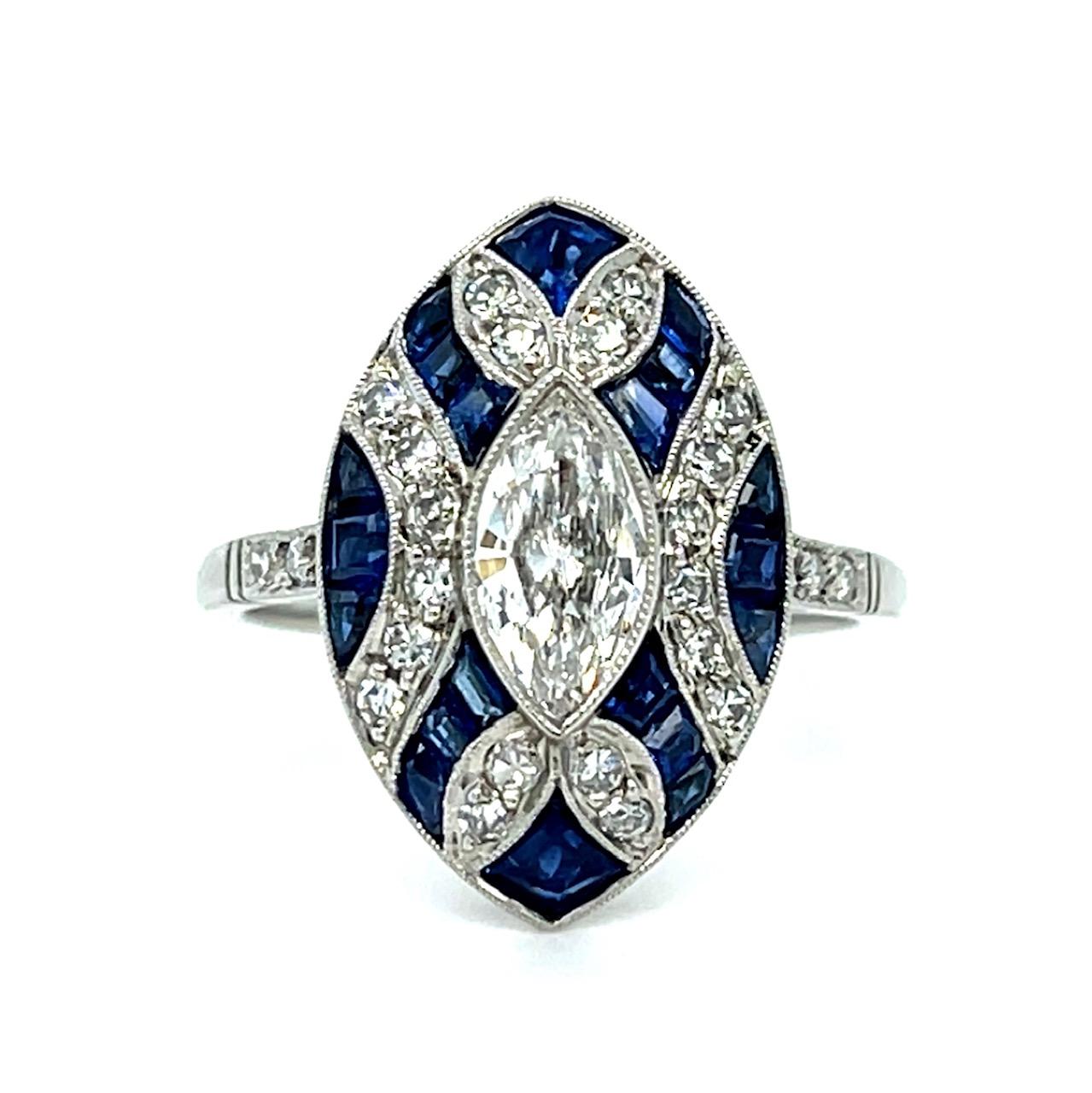 .51ct Marquise Diamond 1.56ct Sapphire Platinum Handmade Ring .68ct SD 5g 7 Size