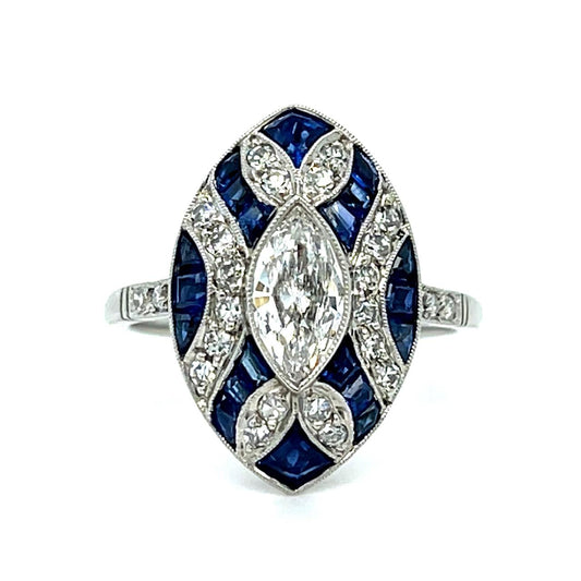 .51ct Marquise Diamond 1.56ct Sapphire Platinum Handmade Ring .68ct SD 5g 7 Size