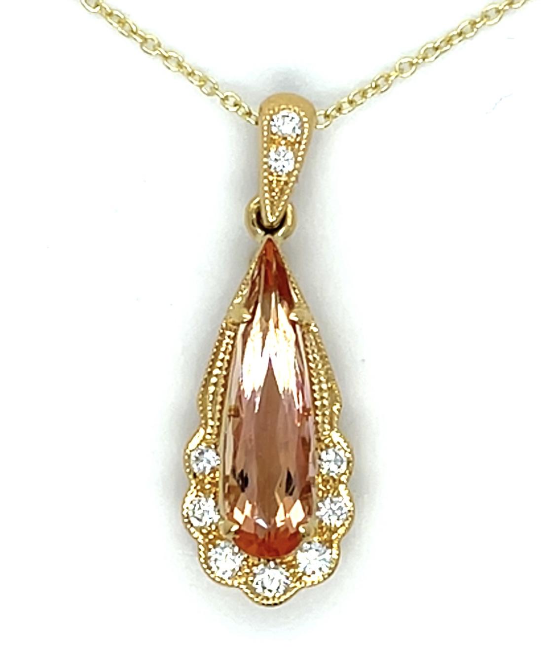 2.57ct Imperial Topaz .27ct Diamond 18KY Pendant 4.30g 14K Chain 16" Length