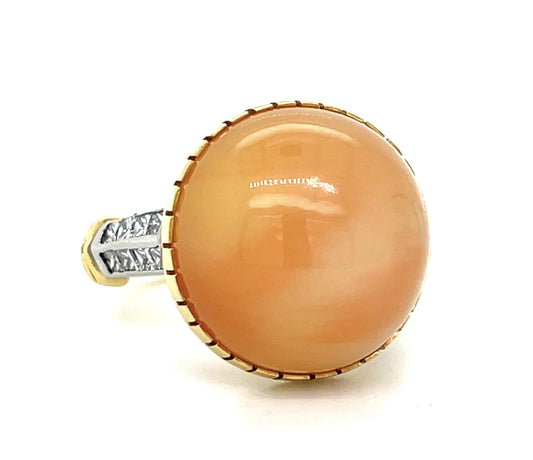 14.50ct Orange Moonstone .64ct Princess Diamond 18K 2 Tone Estate Ring 11.90g