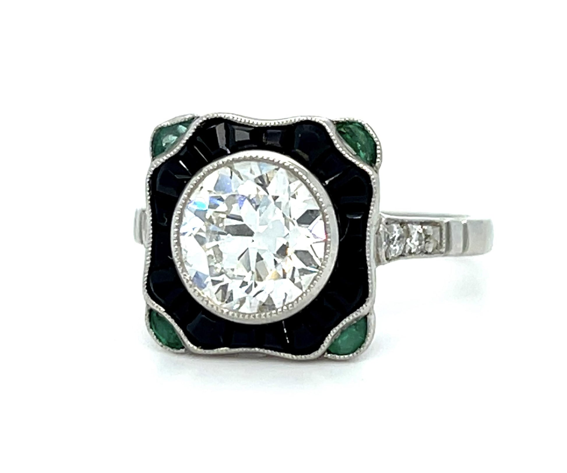 1.68ct Old Euro Diamond Onyx Emerald .14ct SD Platinum Handmade Ring 5.59g 6.75