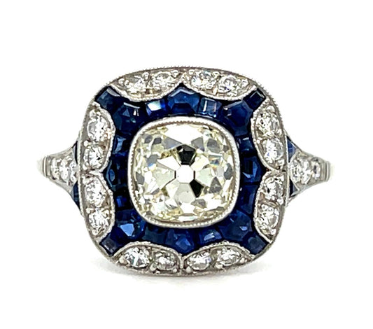1.56ct Cushion Diamond 1ct Sapphire Platinum Handmade Ring .46ct SD 4.80g 7.50