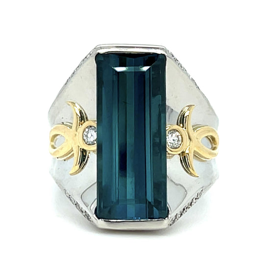 6.13ct Bluish Green Tourmaline .19ct Diamond PT+18KY Ring 11.90g 7 Size