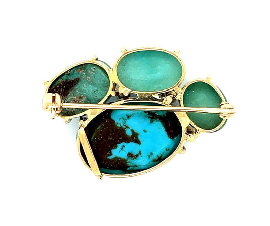 20ct Turquoise .30ct Diamond 14KY Estate Brooch 1.50" 8.90g