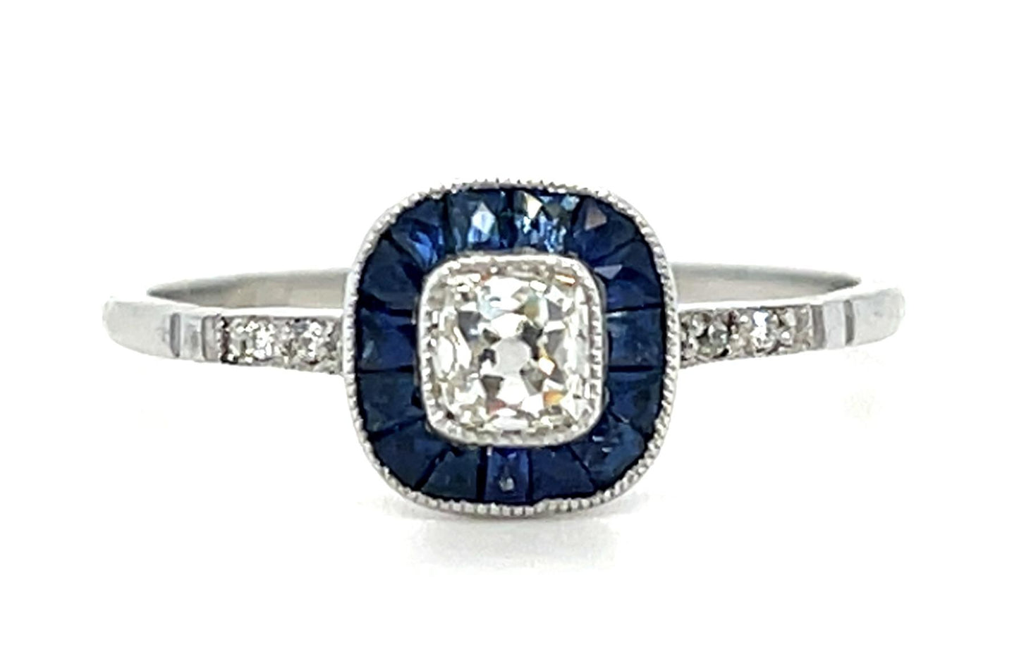 .31ct Old Mine Cushion Diamond .64ct Sapphire Platinum Handmade Ring 2.10g 7.25