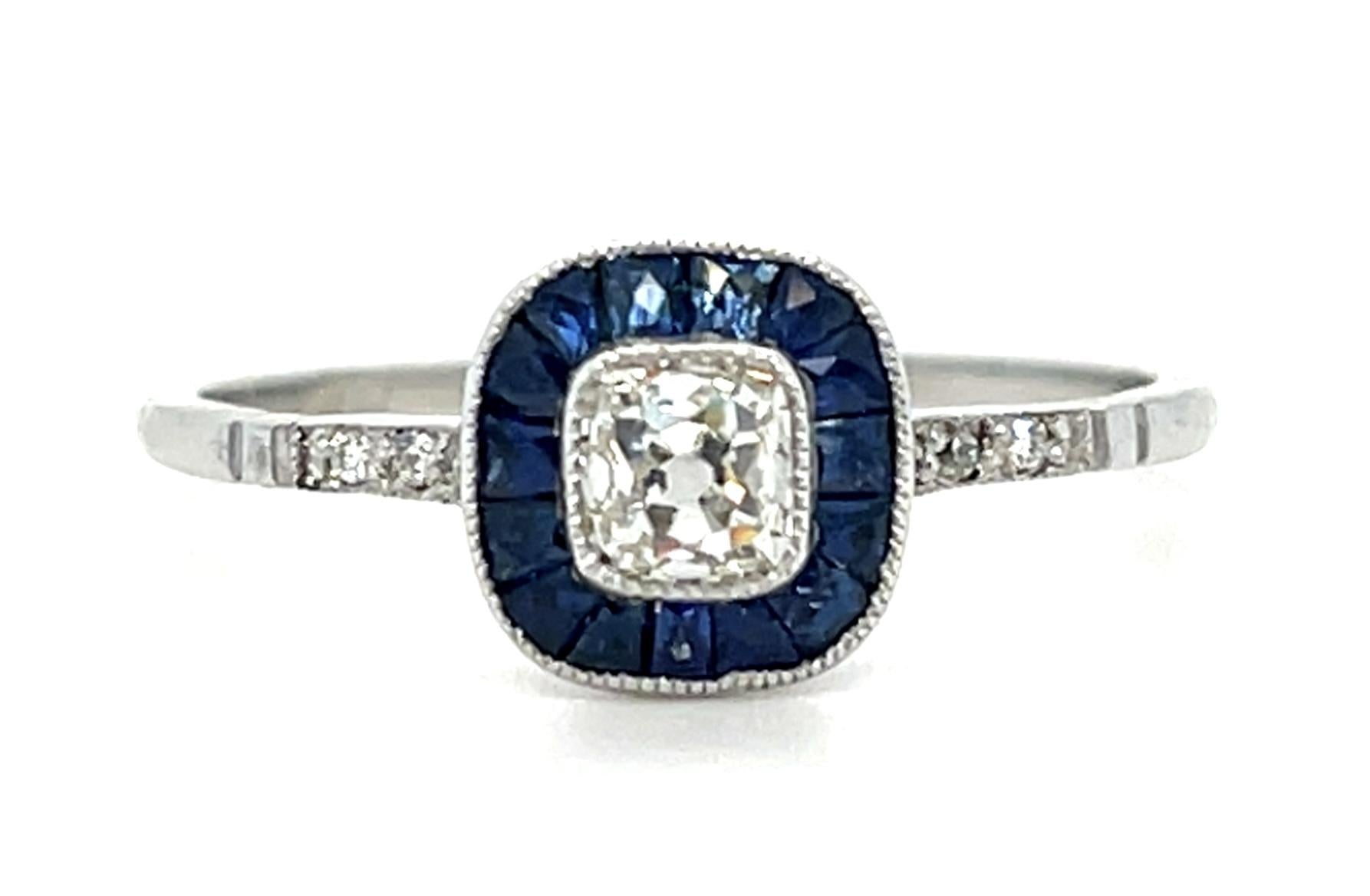 .31ct Old Mine Cushion Diamond .64ct Sapphire Platinum Handmade Ring 2.10g 7.25