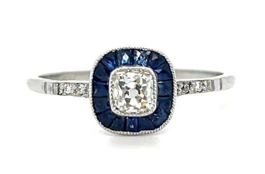 .31ct Old Mine Cushion Diamond .64ct Sapphire Platinum Handmade Ring 2.10g 7.25