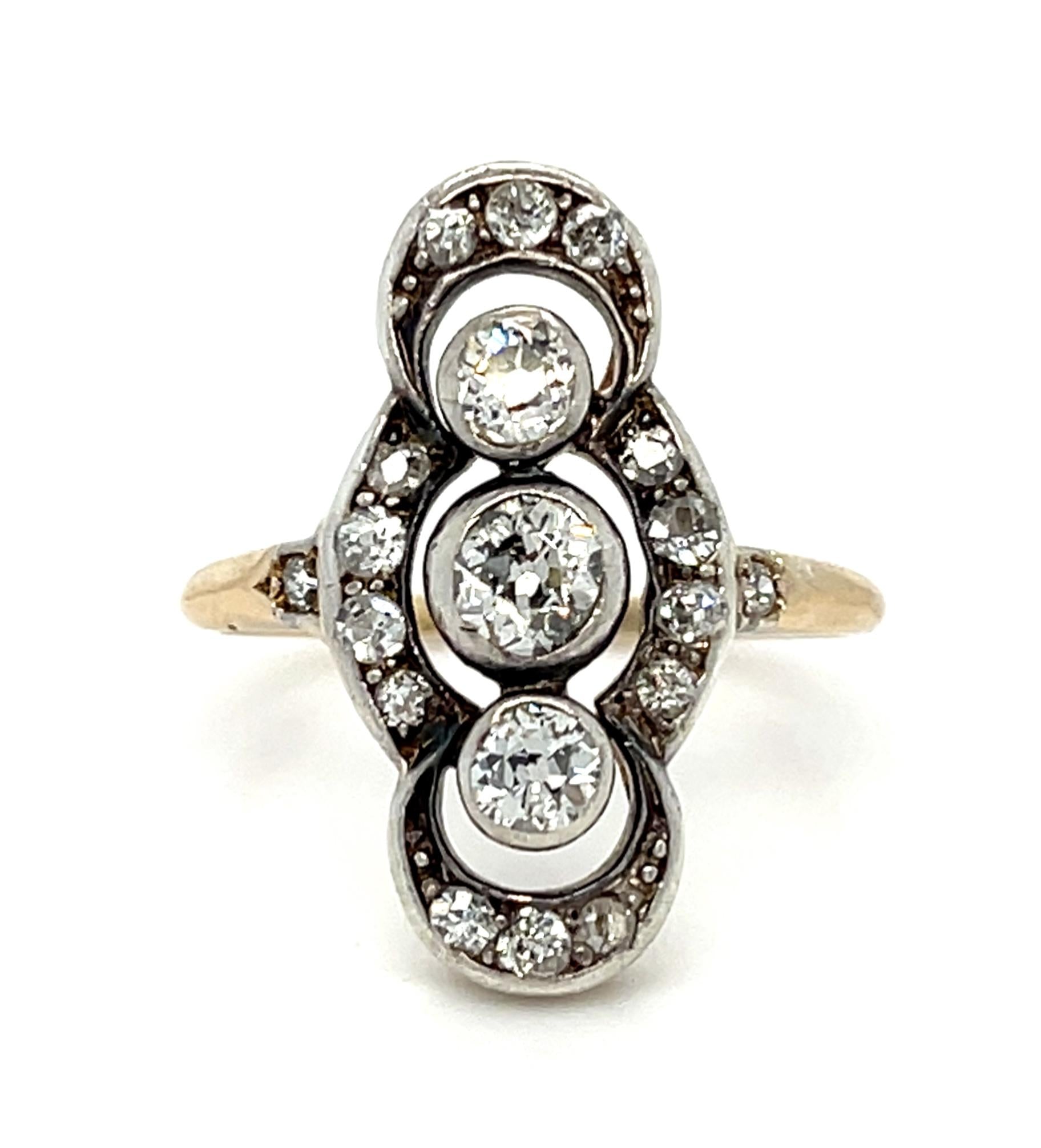 Original Victorian .66ct (3 Center Euro Diamonds) .40ct SD Silver+14KY Ring