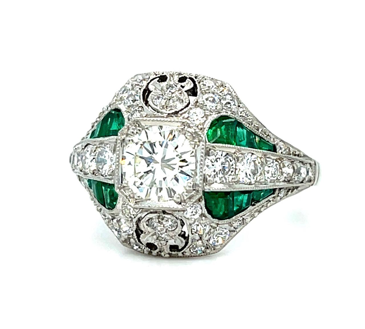 .79ct Round Brilliant Diamond 1.20ct Emerald Platinum Handmade Ring 1.60ct SD