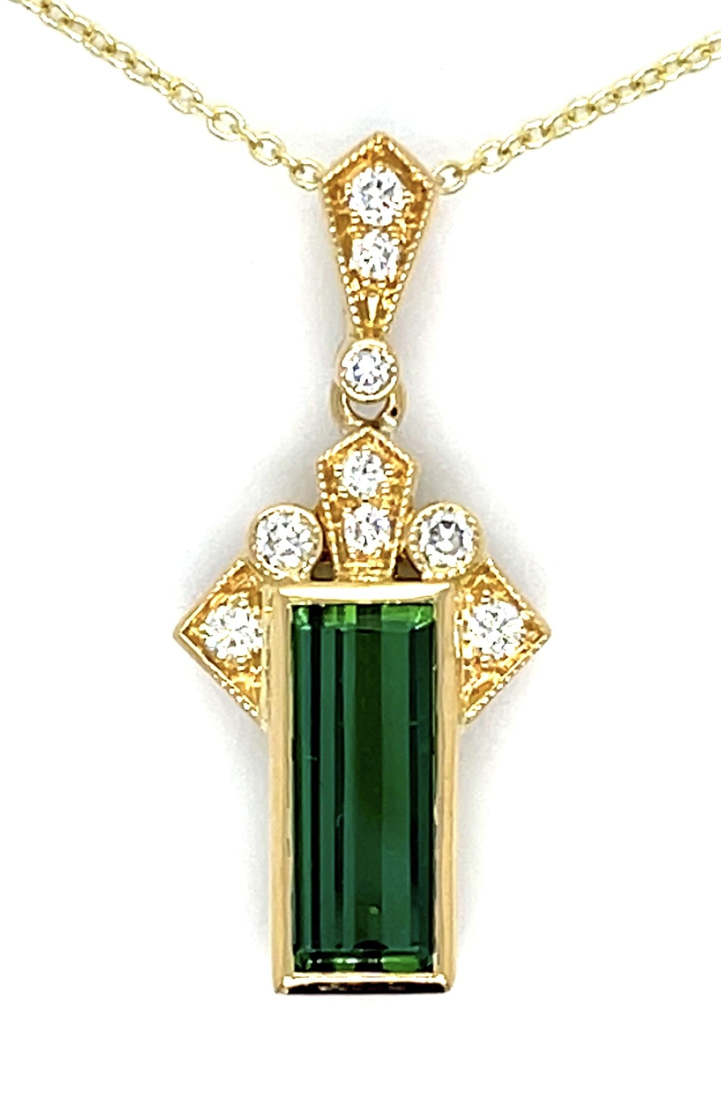 1.97ct Green Tourmaline .24ct Diamond 18KY Pendant 4.60g 14K Chain 16"