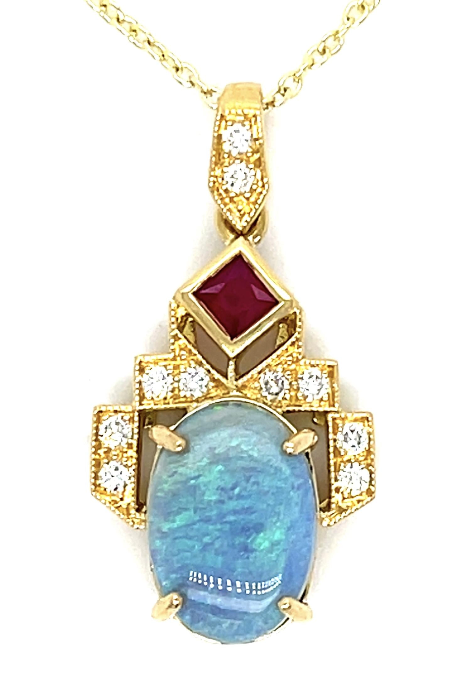 2.75ct Semi Black Australian Opal .21ct Ruby .18ct Diamond 18KY Pendant