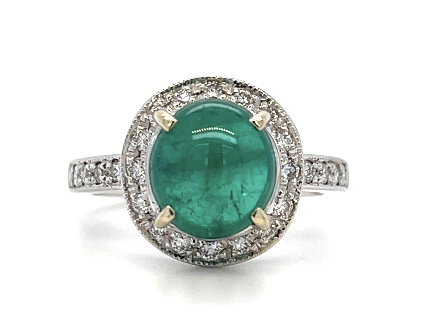 2.60ct Cabochon Colombian Emerald .18ct Diamond 18KW Ring 6.70g 6.50 Size