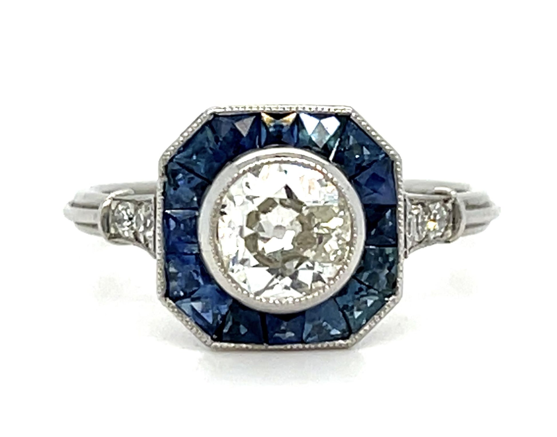 1.20ct Old European Diamond 1.20ct Sapphire Platinum Ring 6g 6.50 Size