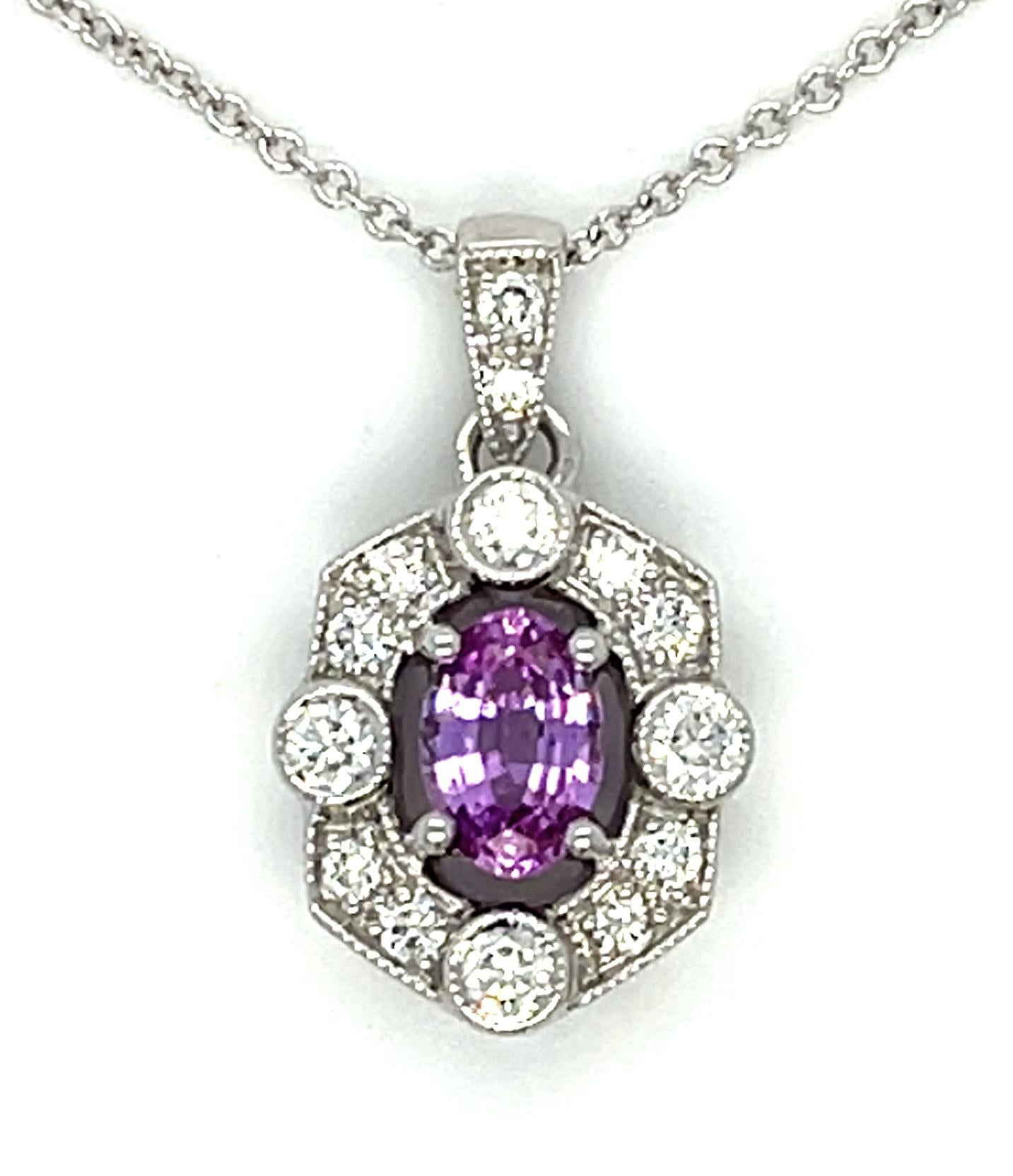 .52ct Pink Sapphire .28ct Diamond 18KW Pendant 3.90g 14KY Chain 16"