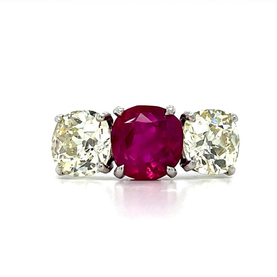 Cartier Art Deco 3.41ct Burma No Heat Ruby PT Ring (1930s) 3.90ct Old Euro Dia