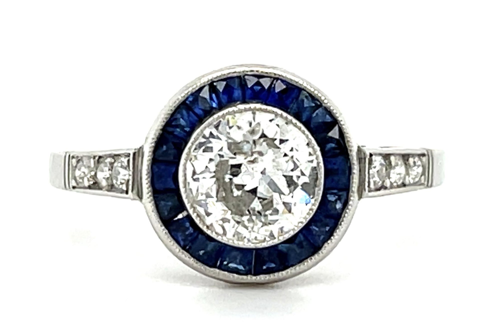 .84ct Old European Diamond .38ct Sapphire Platinum Inspired Handmade Ring 3.60g