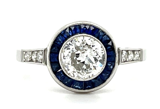 .84ct Old European Diamond .38ct Sapphire Platinum Inspired Handmade Ring 3.60g