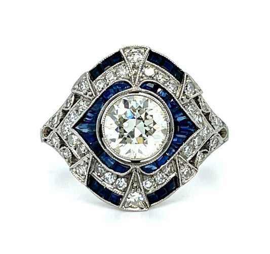 .93ct Old European Diamond 1ct Sapphire Platinum Handmade Ring .60ct SD 4.99g