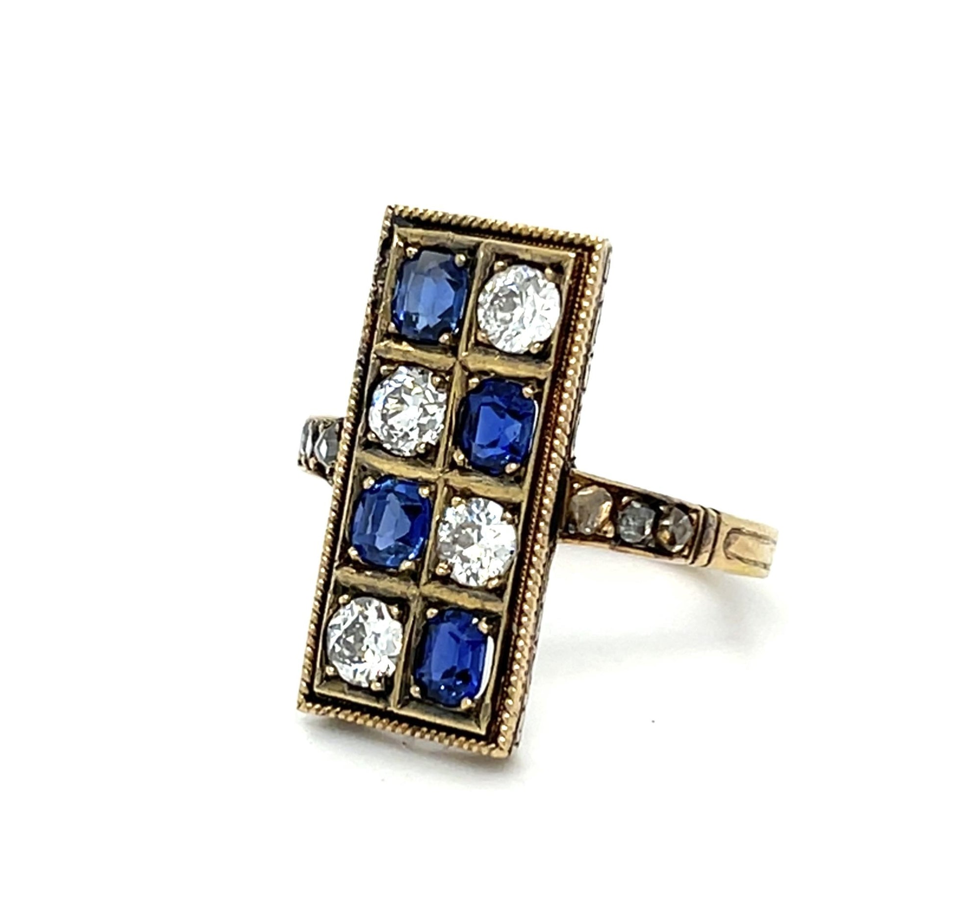 1ct Old European Cut Diamonds 1.50ct Sapphires 18KY Ring 5.29g 6.75 Size