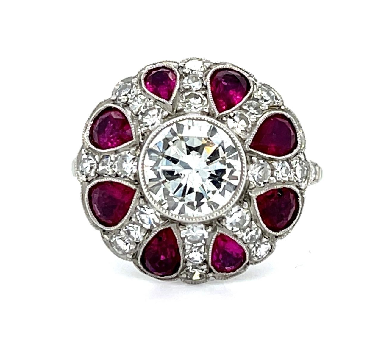 1.19ct Round Diamond 2.40ct Pear Ruby Platinum Handmade Ring .86ct SD 6.10g