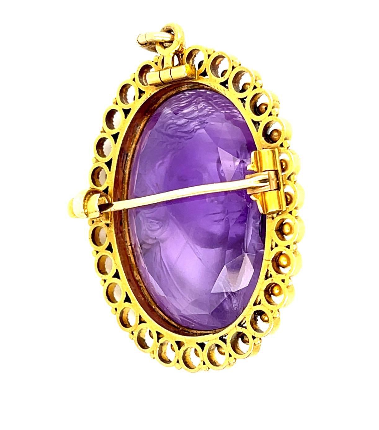 Victorian 60ct Carved Lady Amethyst 14KY Handmade Pendant Brooch (Antique 1890s)