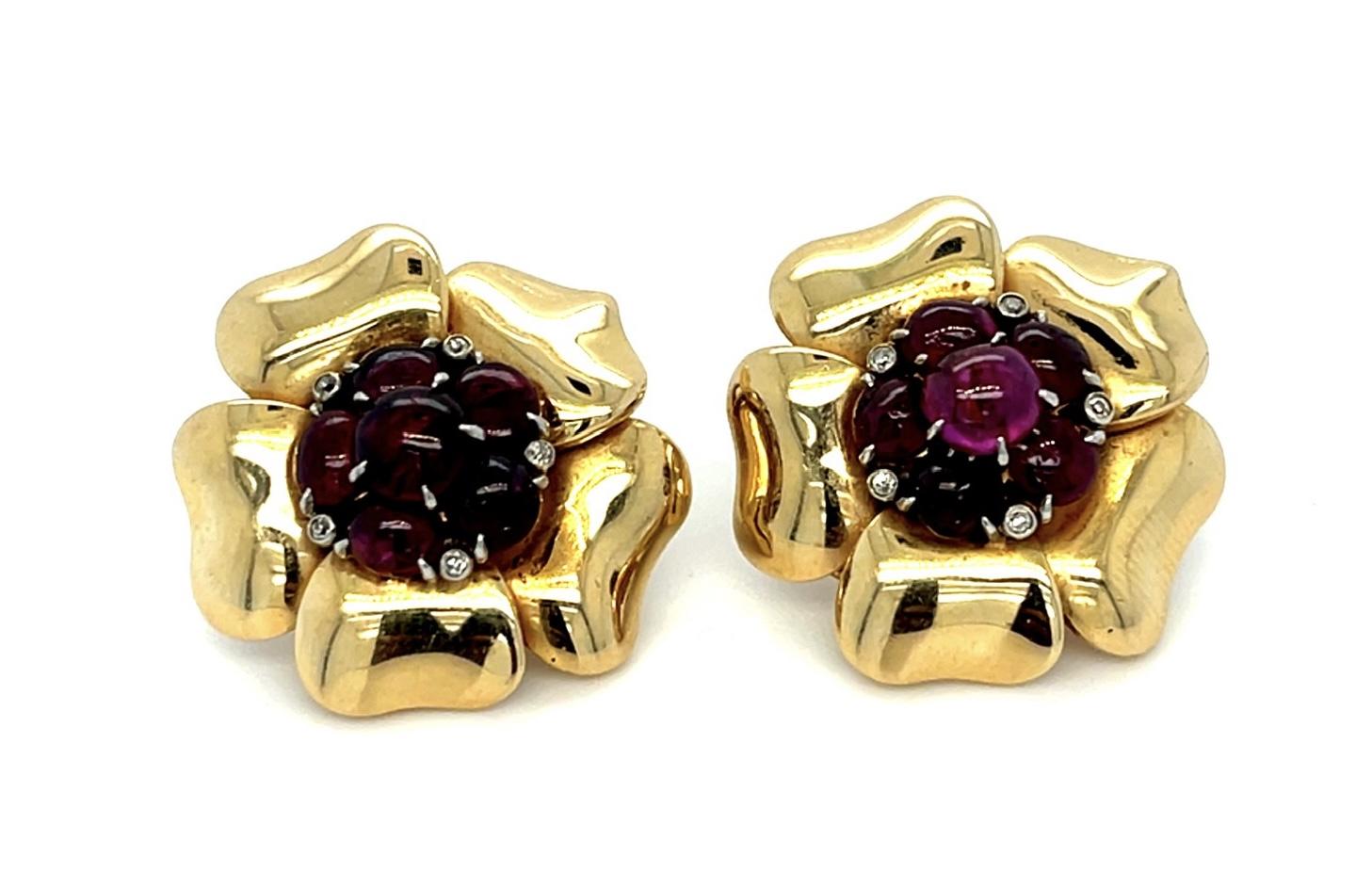 Original Retro 2.50ct Red Garnet .10ct Diamond 14KY Flower Earrings (1940s)