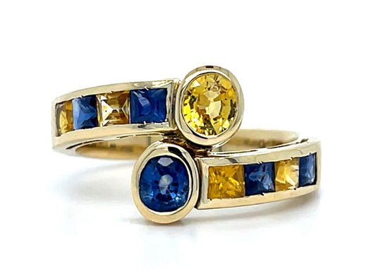 2.60ct Blue and Yellow Sapphire 18KY Ring 5.79g 7.50 Size