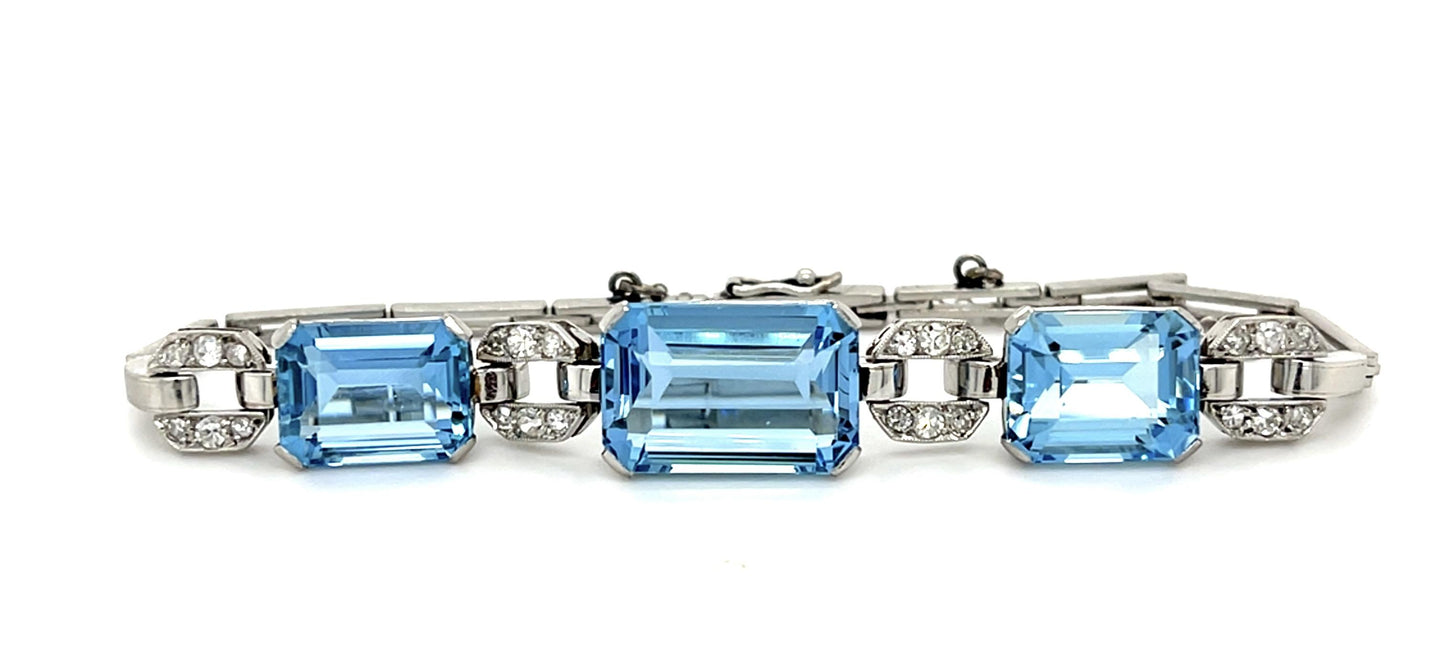 Art Deco 16.50ct Aquamarine Platinum Bracelet (Vintage c 1930s) .75ct Diamonds