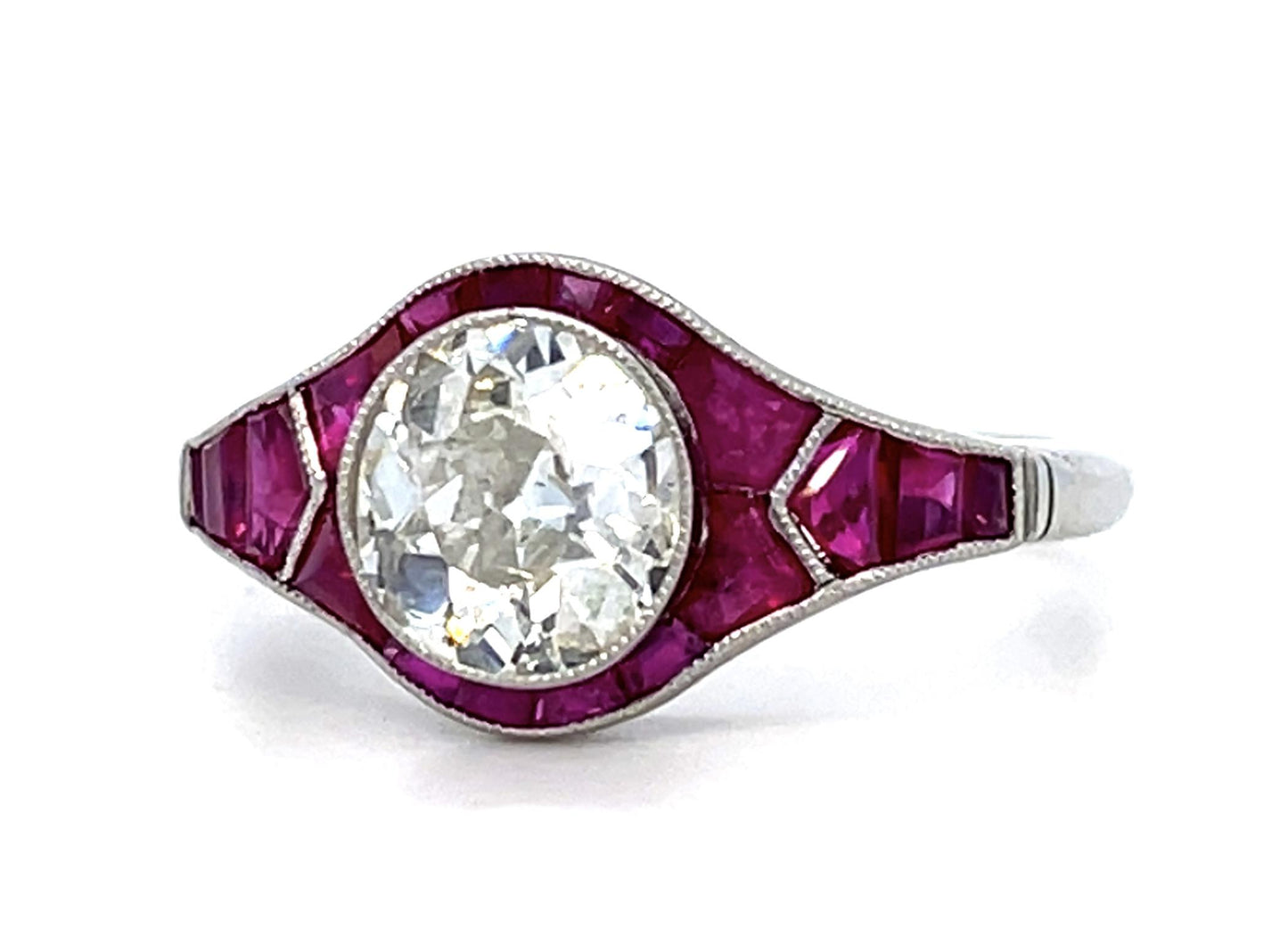 1.28ct Old Euro Diamond 1.70ct Ruby Platinum Handmade Ring