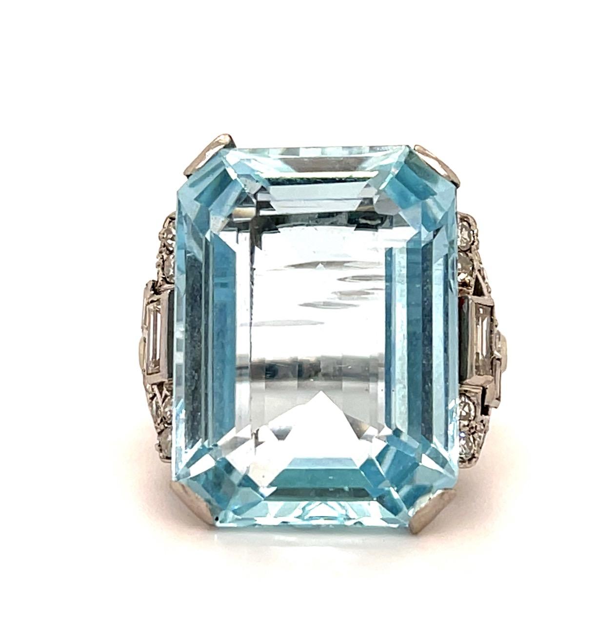 Original Art Deco 30ct Aquamarine 1.10ct Diamond Handmade Platinum Ring 15.62g 7