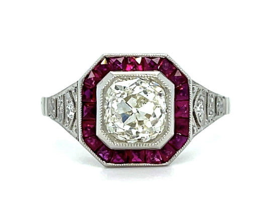 1.25ct Old Mine Diamond 1ct Ruby Platinum Handmade Ring .18ct SD 2.60g 7 Size