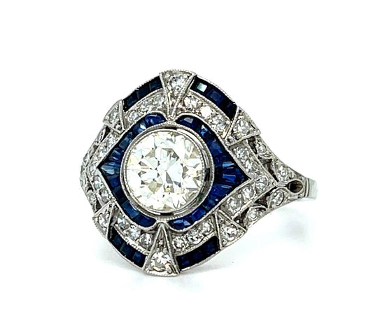 .93ct Old European Diamond 1ct Sapphire Platinum Handmade Ring .60ct SD 4.99g