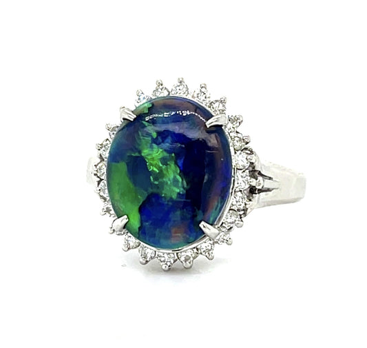3.81ct Australian Black Opal PT 900 Ring (Estate 1970s) .68ct Diamond 6.50 Size