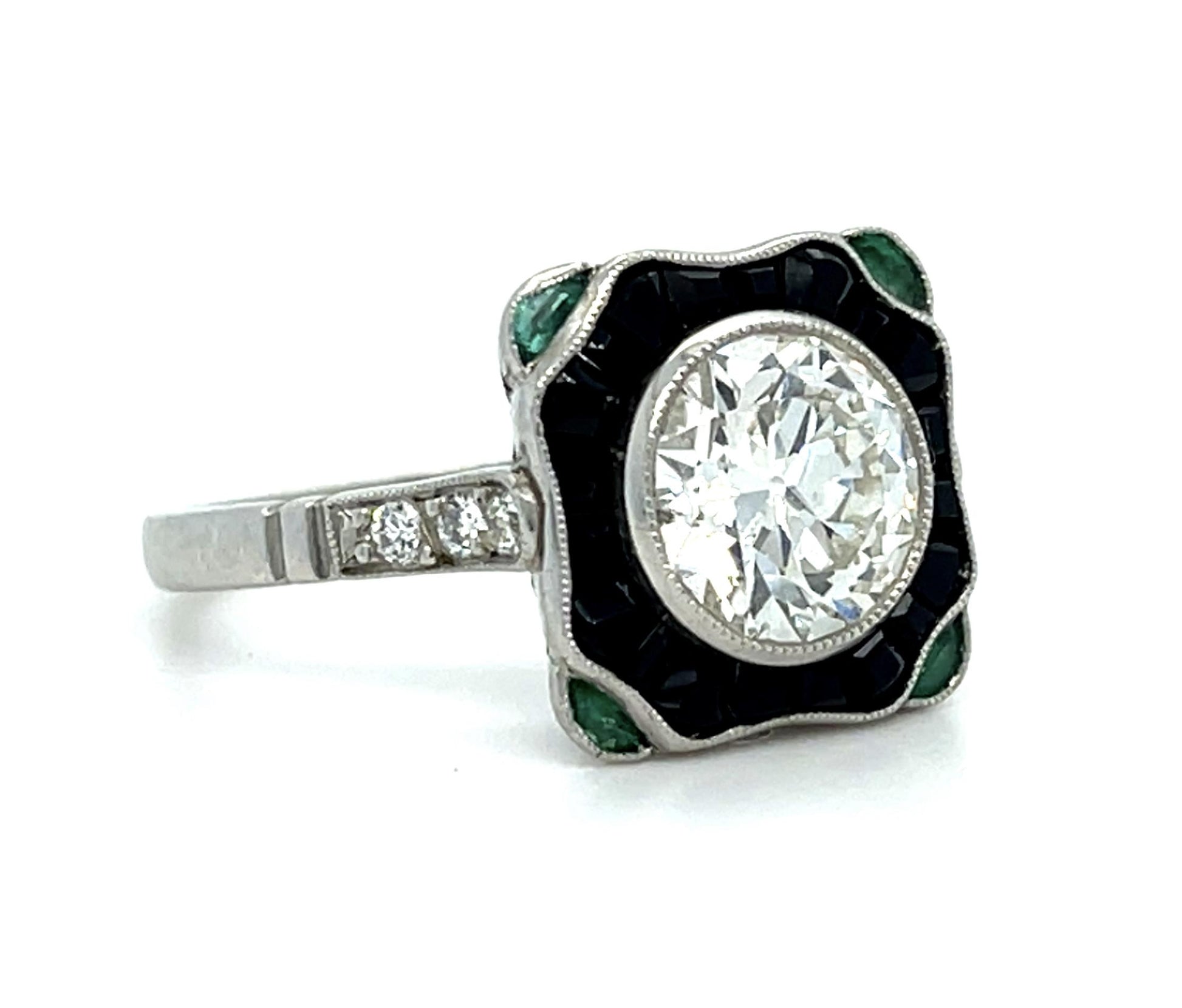 1.68ct Old Euro Diamond Onyx Emerald .14ct SD Platinum Handmade Ring 5.59g 6.75