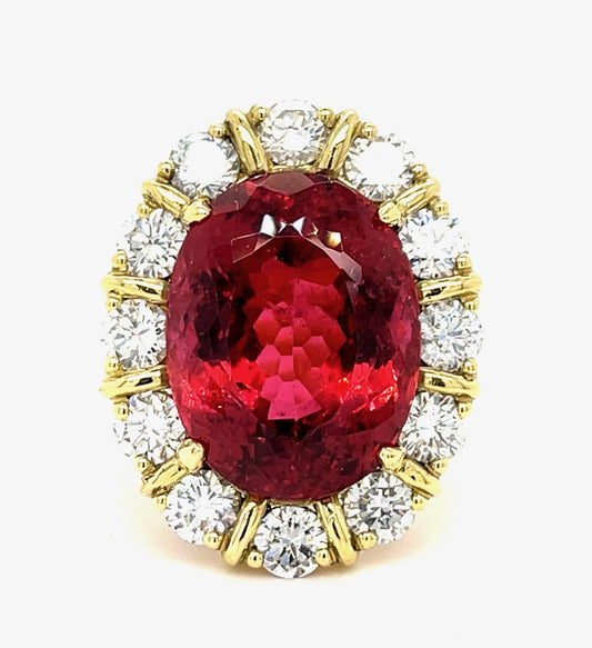 19.72ct Red Tourmaline 3ct Diamond 18KY Ring 19.20g 6.50 Size