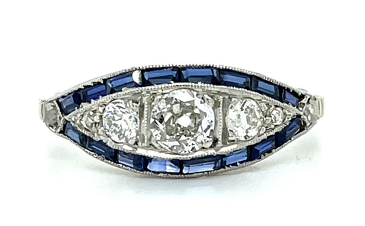 .45ct Old European Center Diamond 1ct Sapphire Platinum Handmade Ring .25ct SD